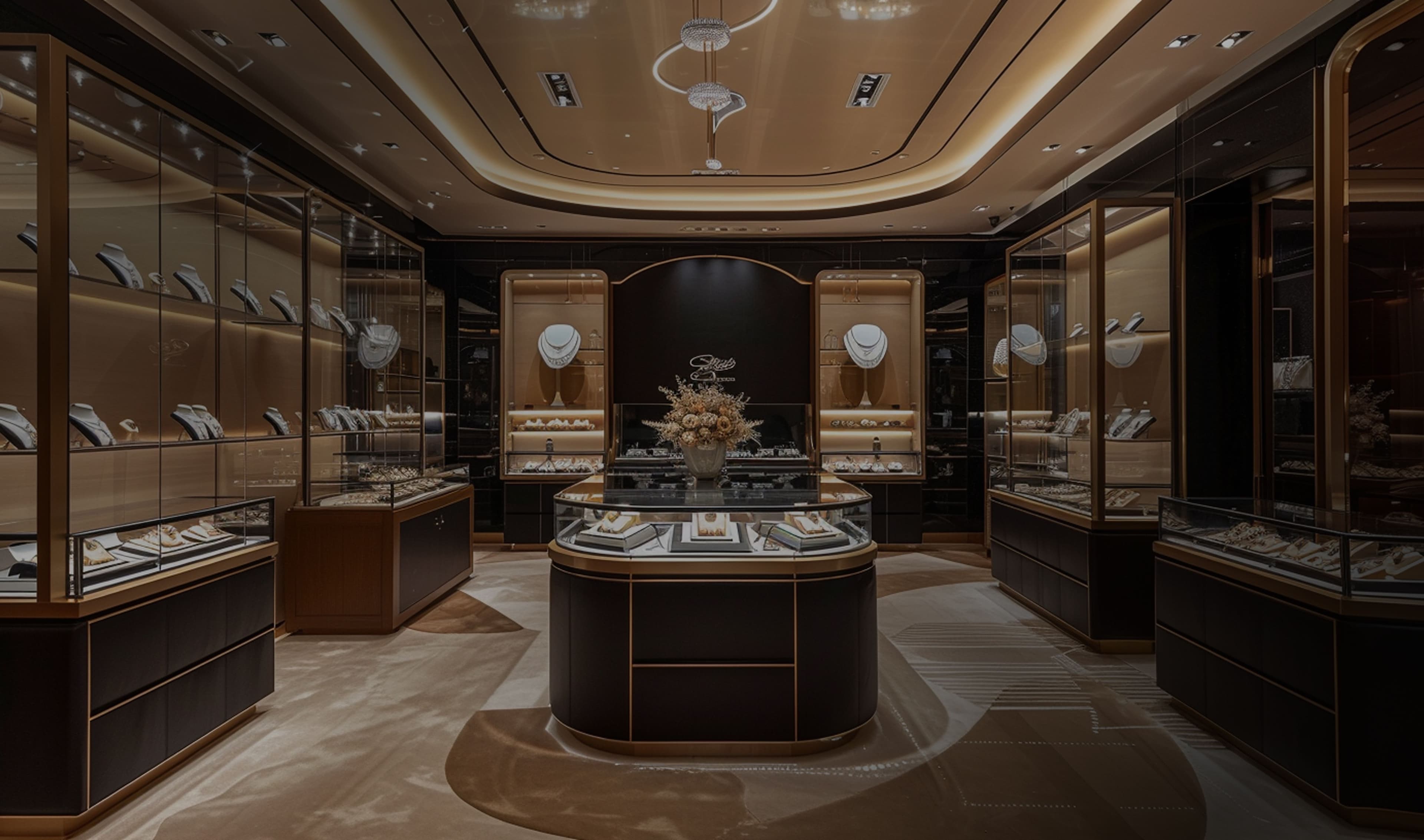 Luxurious jewelry store interior with glass display cases, central island, and ornate ceiling design.