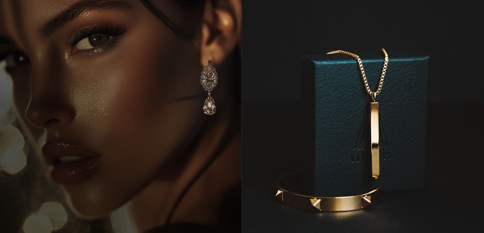 Woman wearing a sparkling earring and a necklace and bracelet displayed on a dark box.
