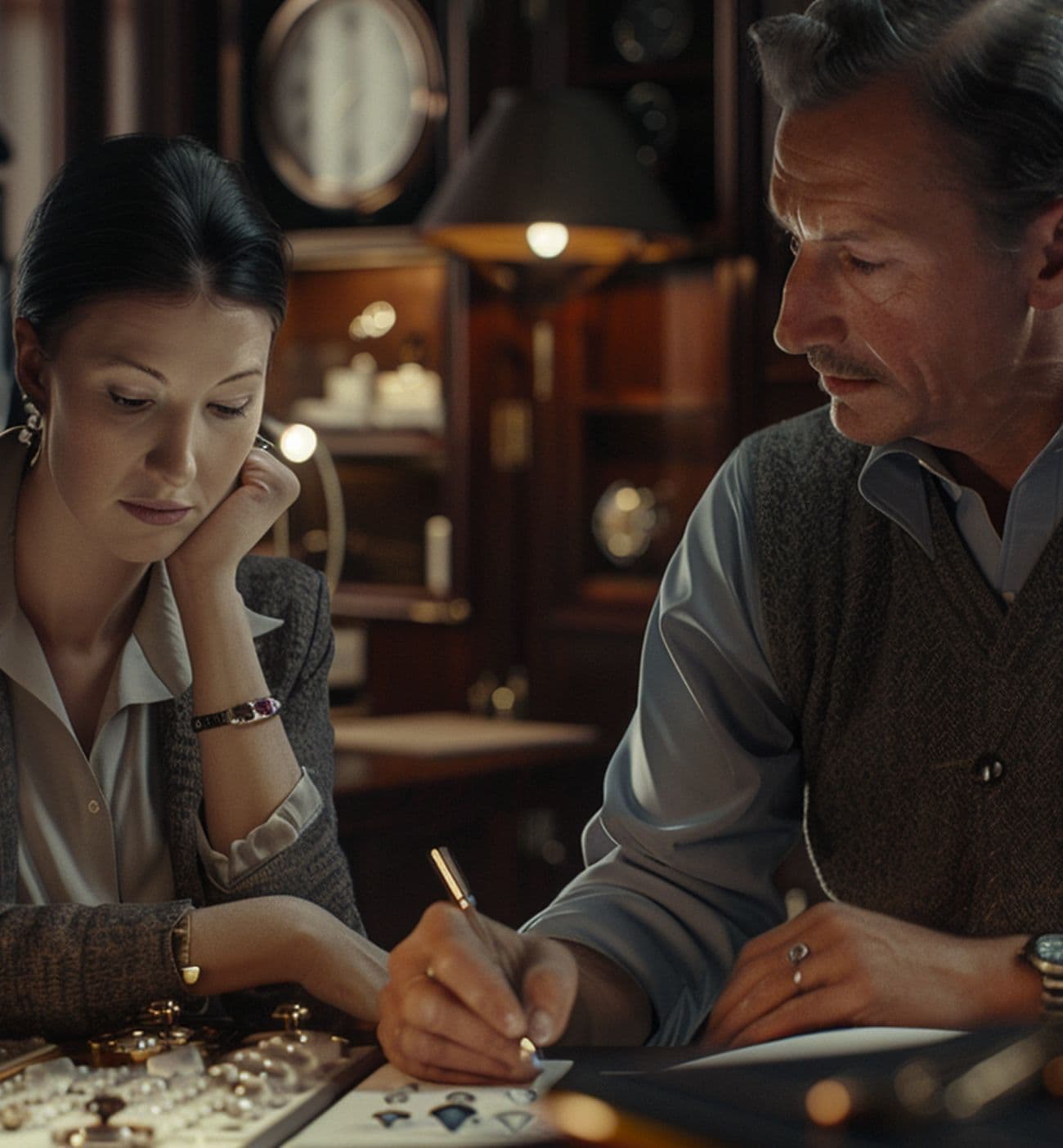 A woman and man intently examine documents on a table, the man writing.