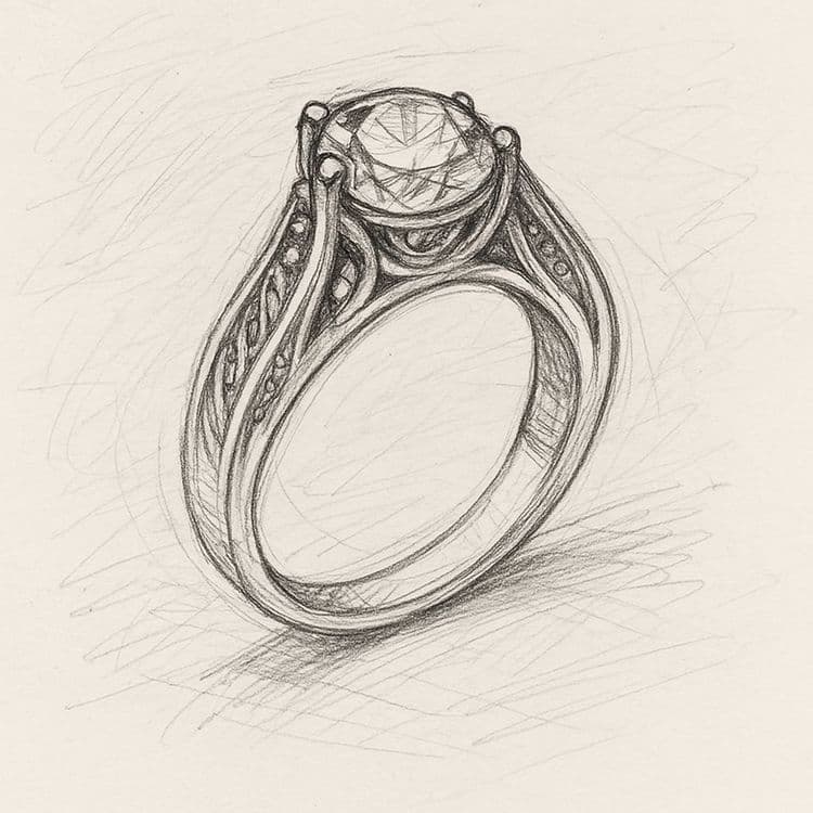 A detailed pencil sketch of an ornate diamond engagement ring with a large center stone.