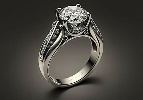 Detailed silver ring with a large faceted diamond and small accent diamonds.